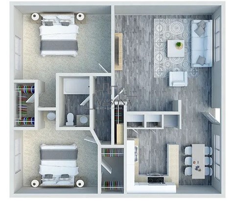 A 3D floor plan of a small apartment with a bedroom, living room, and kitchen.